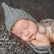 Newborn Baby Ribbed Pixie Hat with I-Cord Ties -- Photography Prop -- Slate Grey